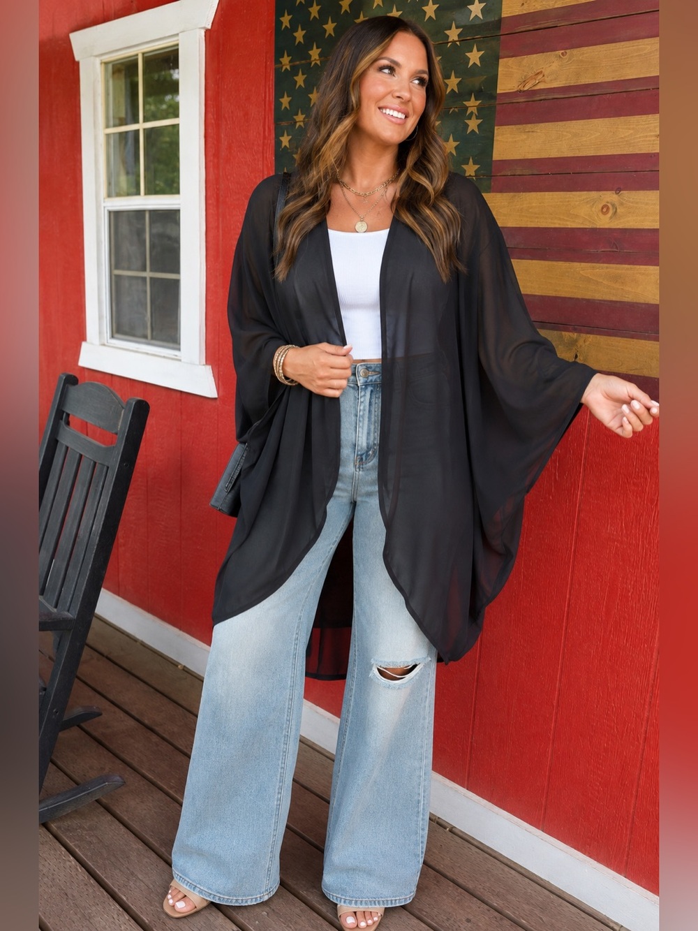 Haute Fox Black Sheer Chiffon Open Front Kimono Cardigan Cover Up 1X NWT
